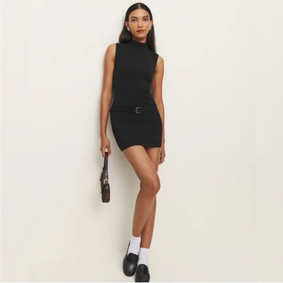 Reformation Jemma Knit Dress in Black Sleeveless Mini Belt Stretchy - Picture 3 of 10